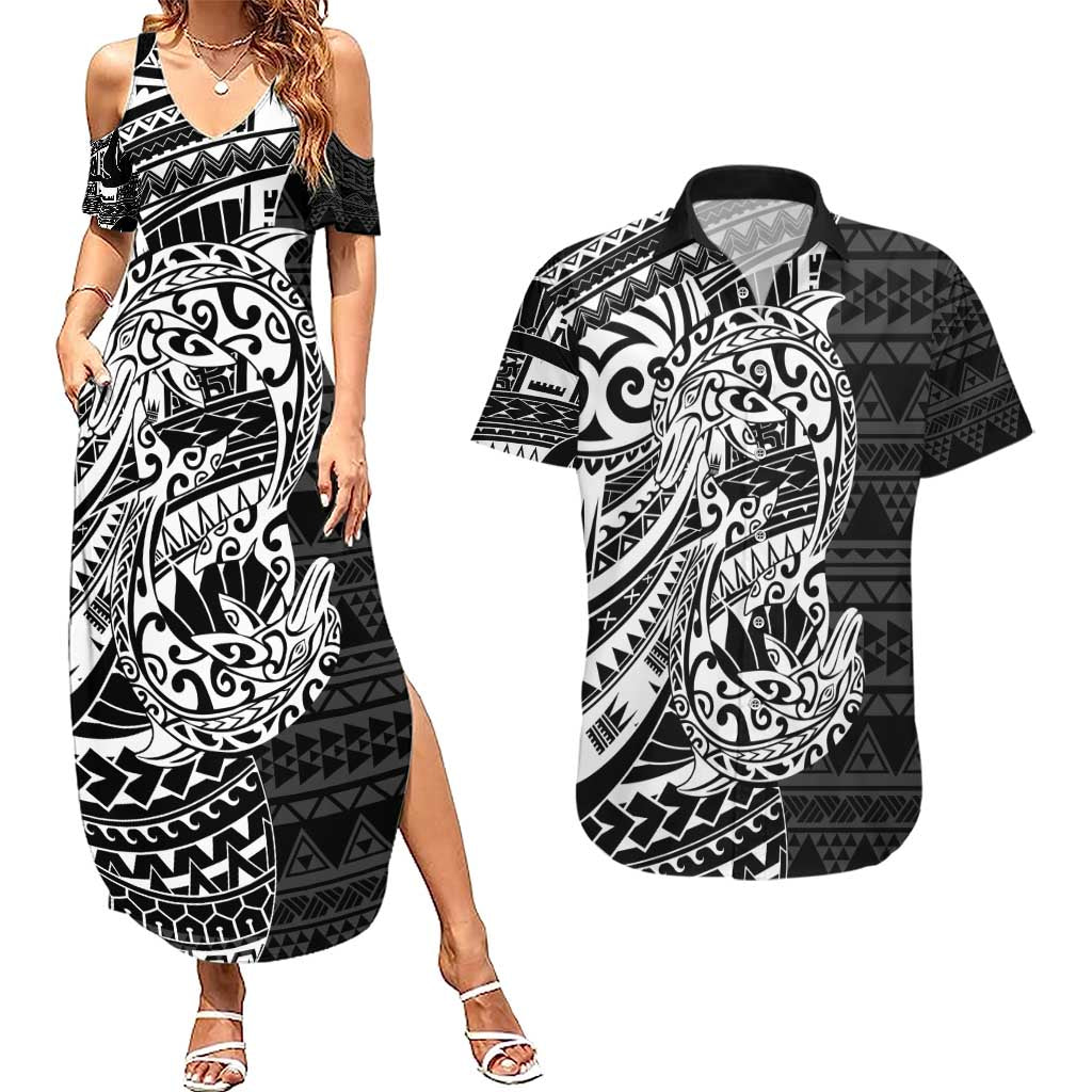 White Couple Dolphins Maori Polynesian Style Couples Matching Summer Maxi Dress and Hawaiian Shirt LT9 White - Polynesian Pride
