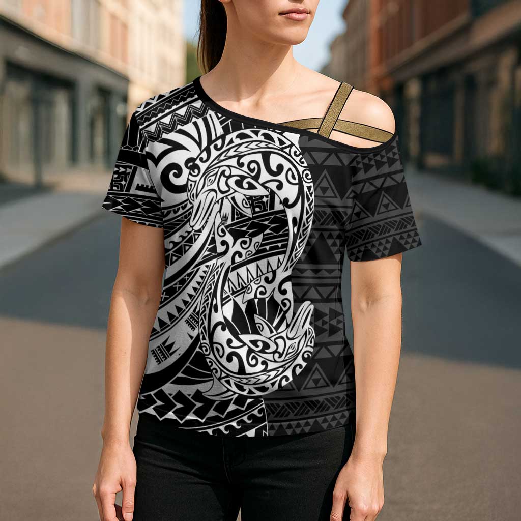 White Couple Dolphins Maori Polynesian Style Cross Shoulder Shirt - Polynesian Pride