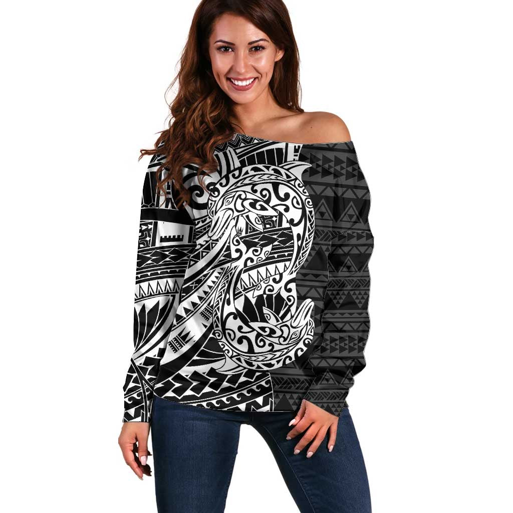 White Couple Dolphins Maori Polynesian Style Off Shoulder Sweater LT9 Women White - Polynesian Pride
