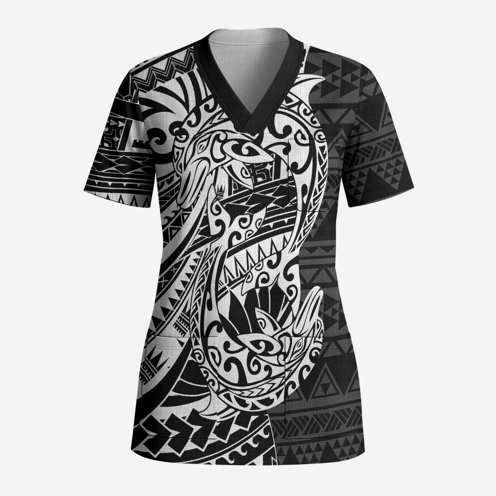 White Couple Dolphins Maori Polynesian Style Scrub Top - Polynesian Pride