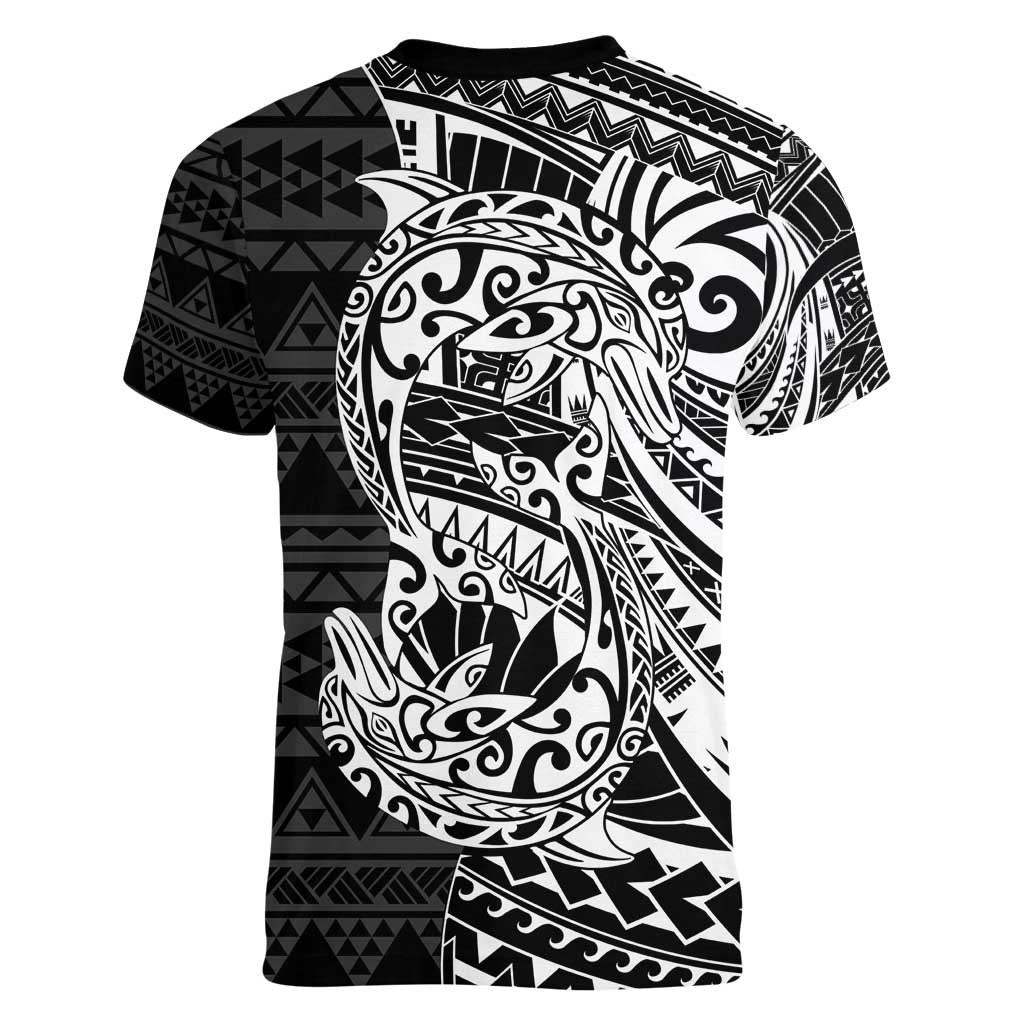 White Couple Dolphins Maori Polynesian Style Women V-Neck T-Shirt