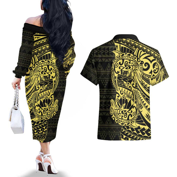 Mihawk One Piece Basketball Couples Matching Off The Shoulder Long Sleeve Dress and Hawaiian Shirt Aggressive Pose TS04