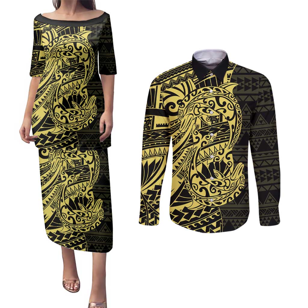 Yellow Couple Dolphins Maori Polynesian Style Couples Matching Puletasi and Long Sleeve Button Shirt LT9 Yellow - Polynesian Pride