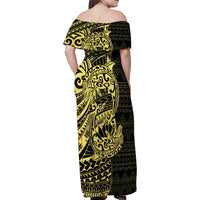 Yellow Couple Dolphins Maori Polynesian Style Family Matching Off Shoulder Maxi Dress and Hawaiian Shirt