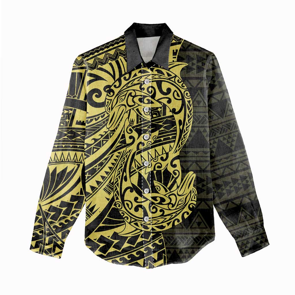 Yellow Couple Dolphins Maori Polynesian Style Women Casual Shirt