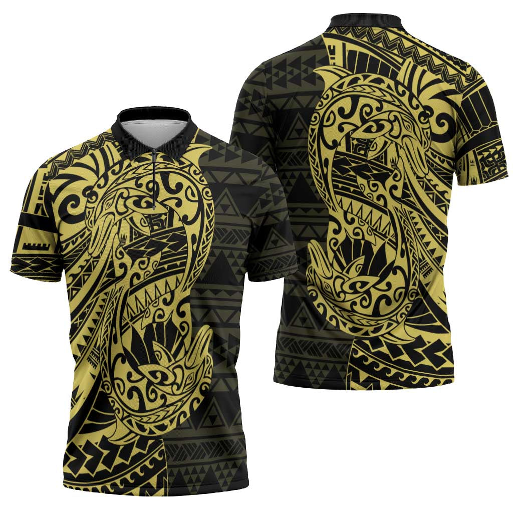 Yellow Couple Dolphins Maori Polynesian Style Zipper Polo Shirt - Polynesian Pride