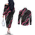 Guam Bougainvillea Lei Couples Matching Off The Shoulder Long Sleeve Dress and Long Sleeve Button Shirt Chamorro Tribal Pattern