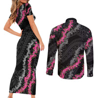Guam Bougainvillea Lei Couples Matching Short Sleeve Bodycon Dress and Long Sleeve Button Shirt Chamorro Tribal Pattern
