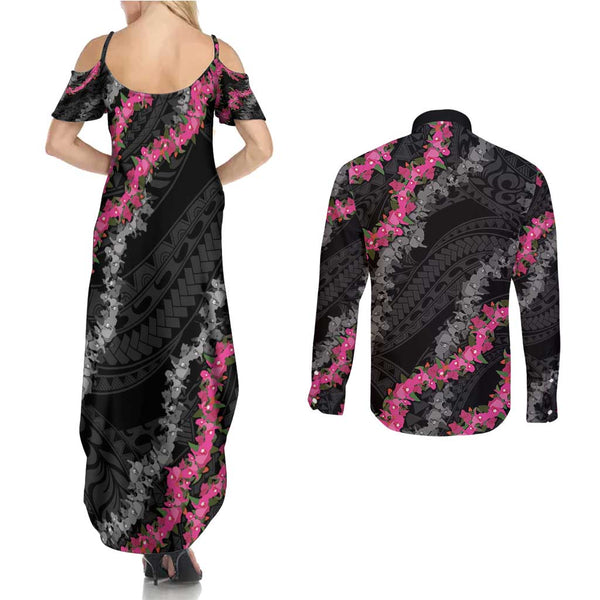 Guam Couples Matching Tank Maxi Dress and Long Sleeve Button Shirts Latte Stone Mix Bougainvillea Polynesian Pattern LT05 main image 1