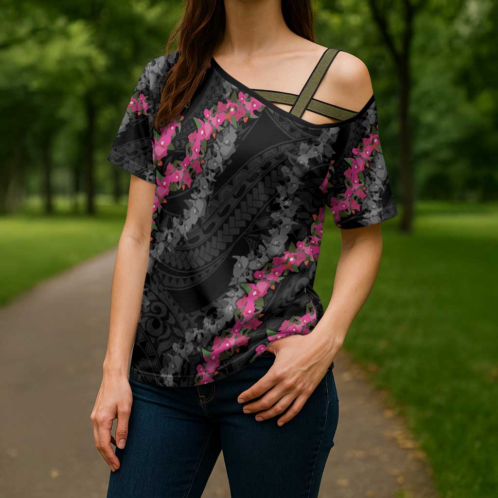 Guam Bougainvillea Lei Cross Shoulder Shirt Chamorro Tribal Pattern - Polynesian Pride