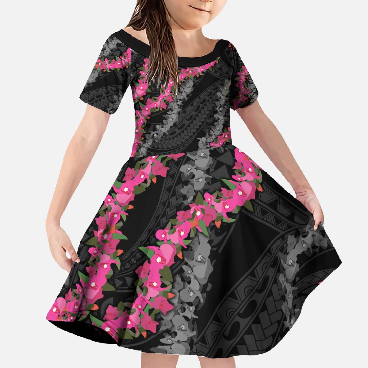 Guam Bougainvillea Lei Family Matching Off The Shoulder Long Sleeve Dress and Hawaiian Shirt Chamorro Tribal Pattern