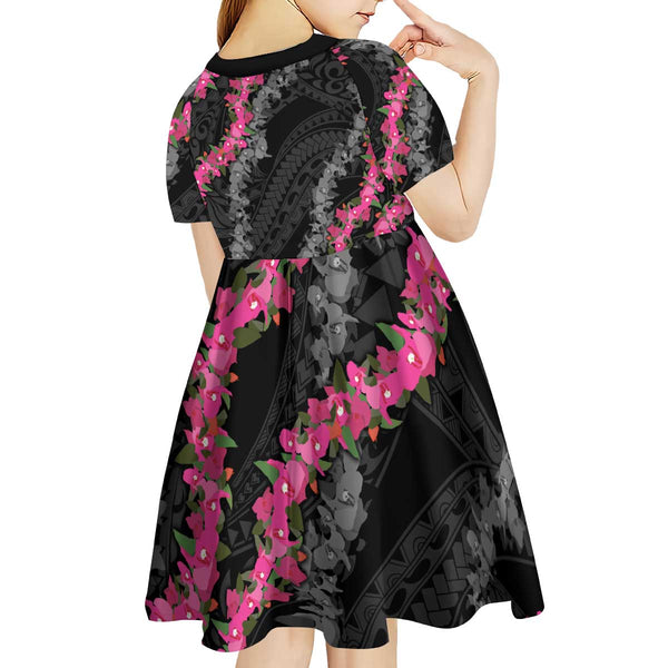 Guam Bougainvillea Lei Kid Short Sleeve Dress Chamorro Tribal Pattern LT9