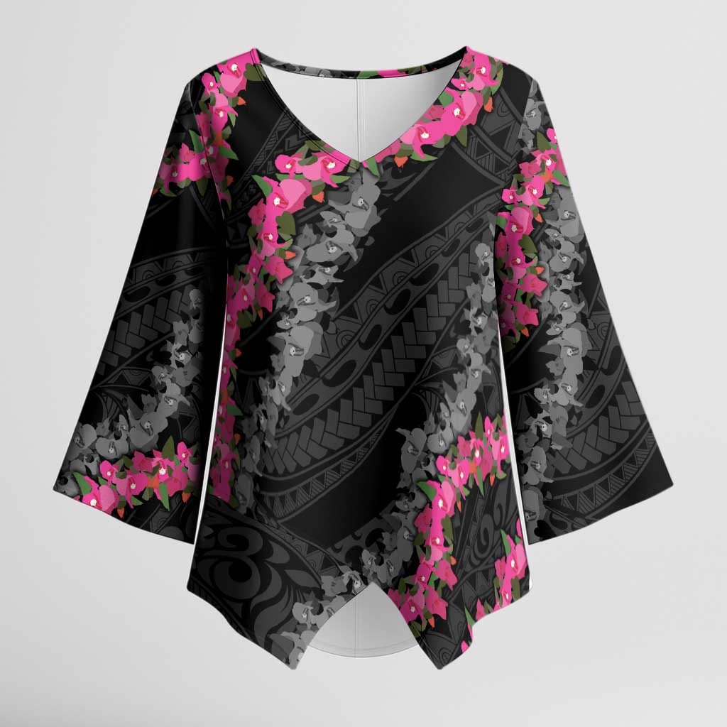 Guam Bougainvillea Lei Kimono Sleeve Blouse Chamorro Tribal Pattern - Polynesian Pride