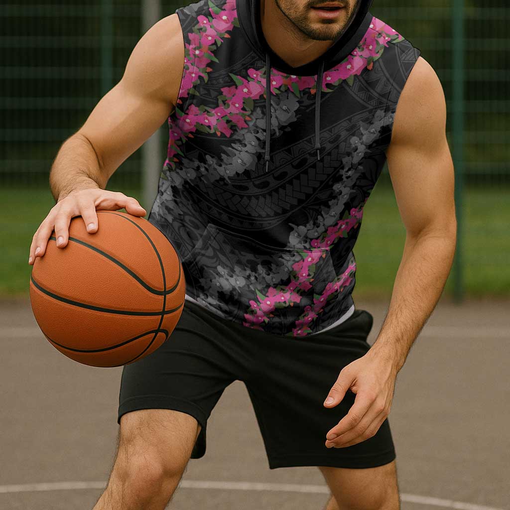 Guam Bougainvillea Lei Sleeveless Hoodie Chamorro Tribal Pattern - Polynesian Pride