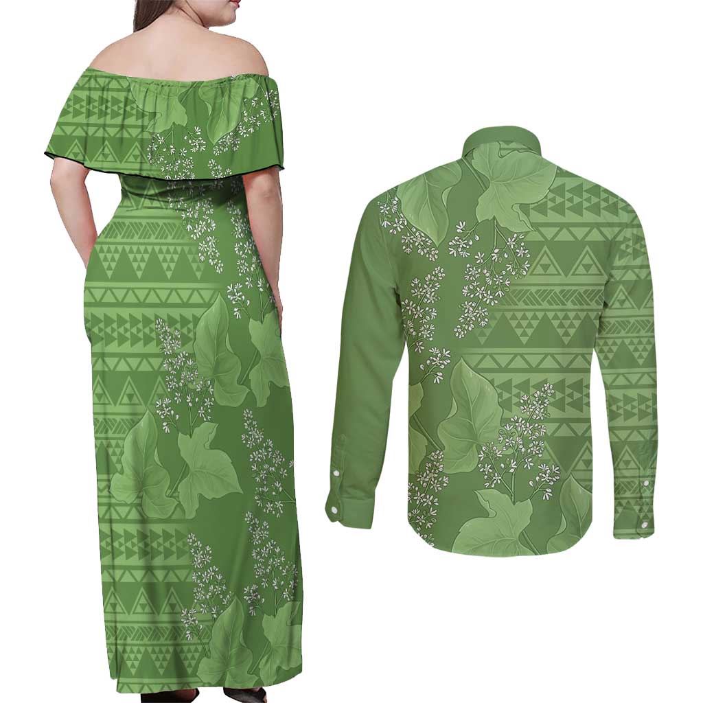 Hawaii Molokai Island Kukui Nut Flowers Couples Matching Off Shoulder Maxi Dress and Long Sleeve Button Shirt Tribal Kakau Pattern