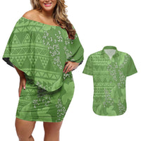 Hawaii Molokai Island Kukui Nut Flowers Couples Matching Off Shoulder Short Dress and Hawaiian Shirt Tribal Kakau Pattern