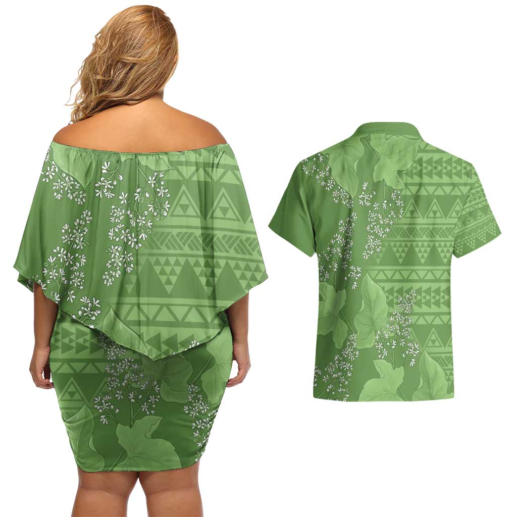 Hawaii Molokai Island Kukui Nut Flowers Couples Matching Off Shoulder Short Dress and Hawaiian Shirt Tribal Kakau Pattern