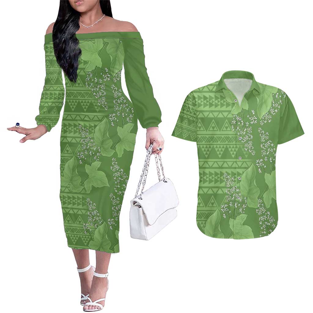 Hawaii Molokai Island Kukui Nut Flowers Couples Matching Off The Shoulder Long Sleeve Dress and Hawaiian Shirt Tribal Kakau Pattern