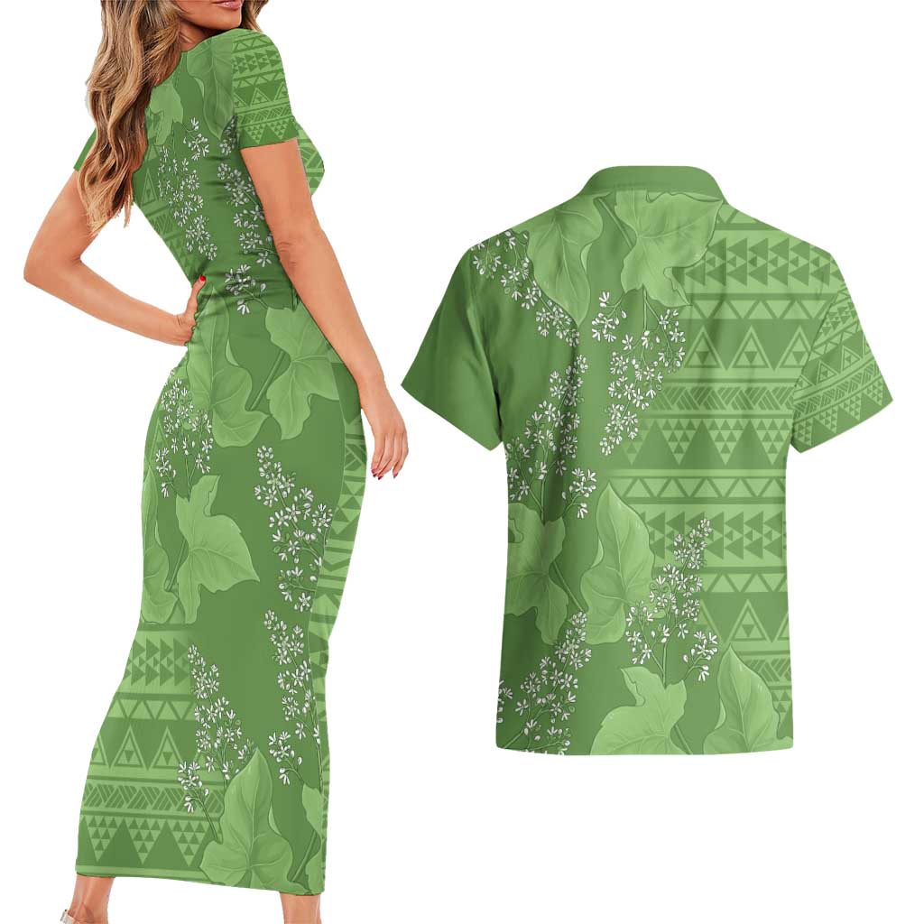 Hawaii Molokai Island Kukui Nut Flowers Couples Matching Short Sleeve Bodycon Dress and Hawaiian Shirt Tribal Kakau Pattern