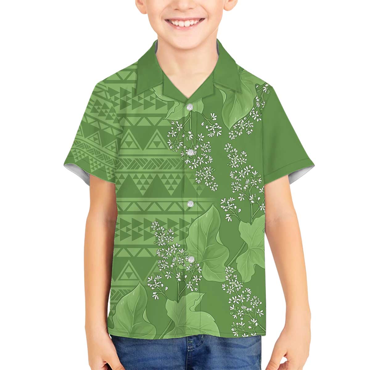 Hawaii Molokai Island Kukui Nut Flowers Family Matching Off The Shoulder Long Sleeve Dress and Hawaiian Shirt Tribal Kakau Pattern