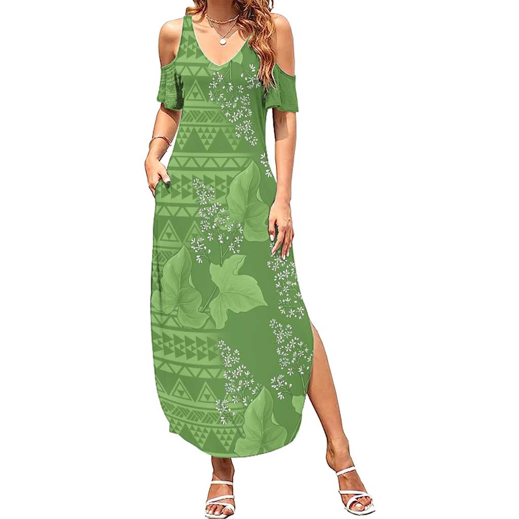 Hawaii Molokai Island Kukui Nut Flowers Family Matching Summer Maxi Dress and Hawaiian Shirt Tribal Kakau Pattern