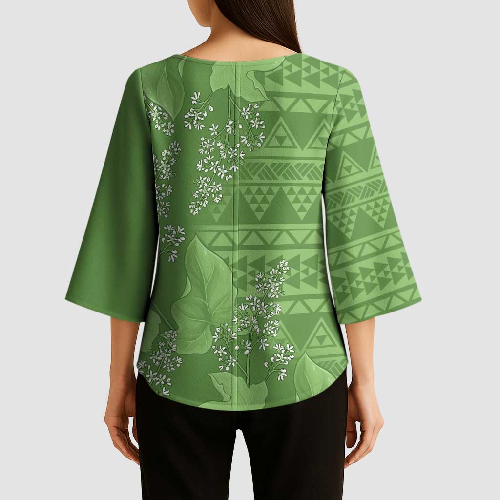 Hawaii Molokai Island Kukui Nut Flowers Kimono Sleeve Blouse Tribal Kakau Pattern - Polynesian Pride