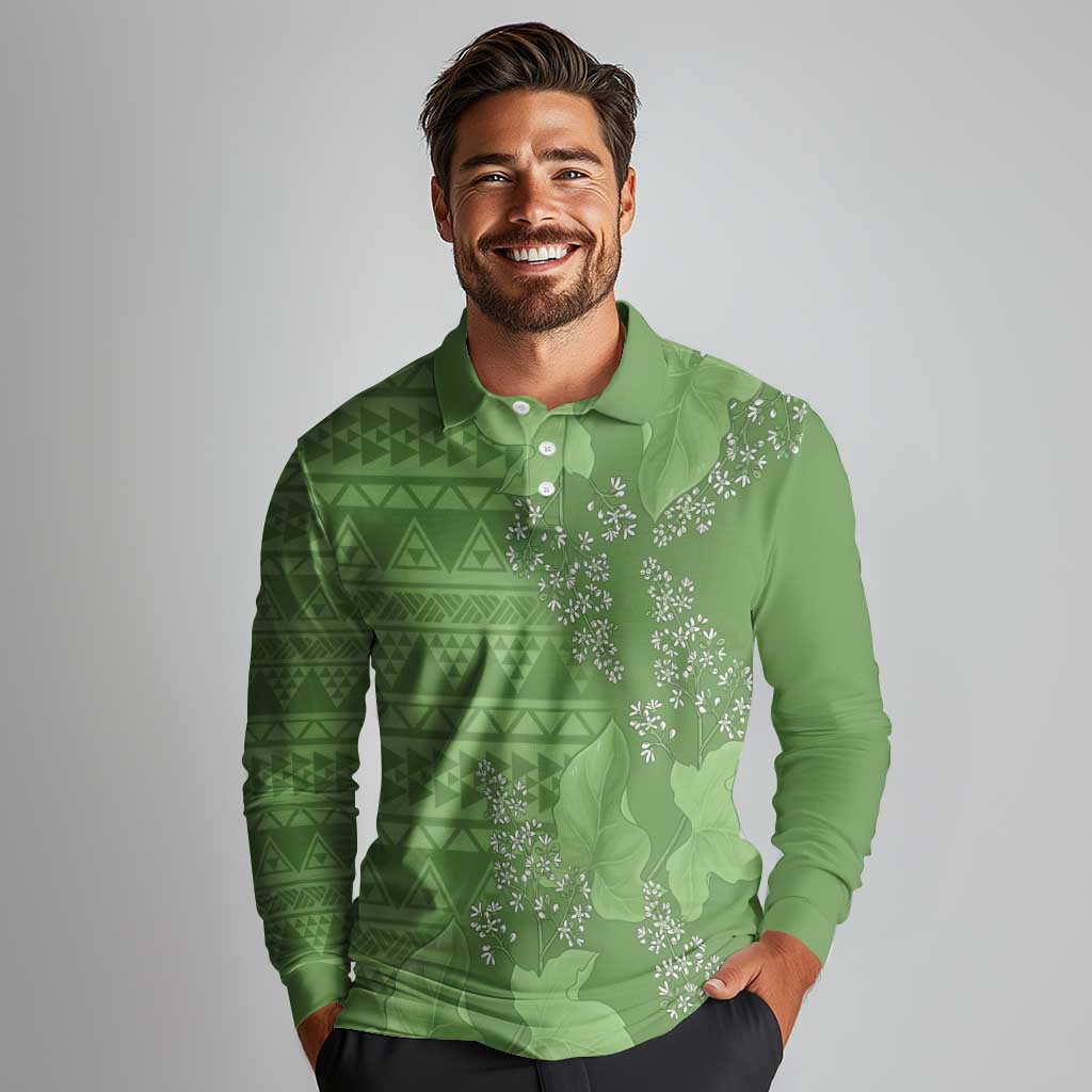 Hawaii Molokai Island Kukui Nut Flowers Long Sleeve Polo Shirt Tribal Kakau Pattern