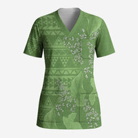 Hawaii Molokai Island Kukui Nut Flowers Scrub Top Tribal Kakau Pattern - Polynesian Pride