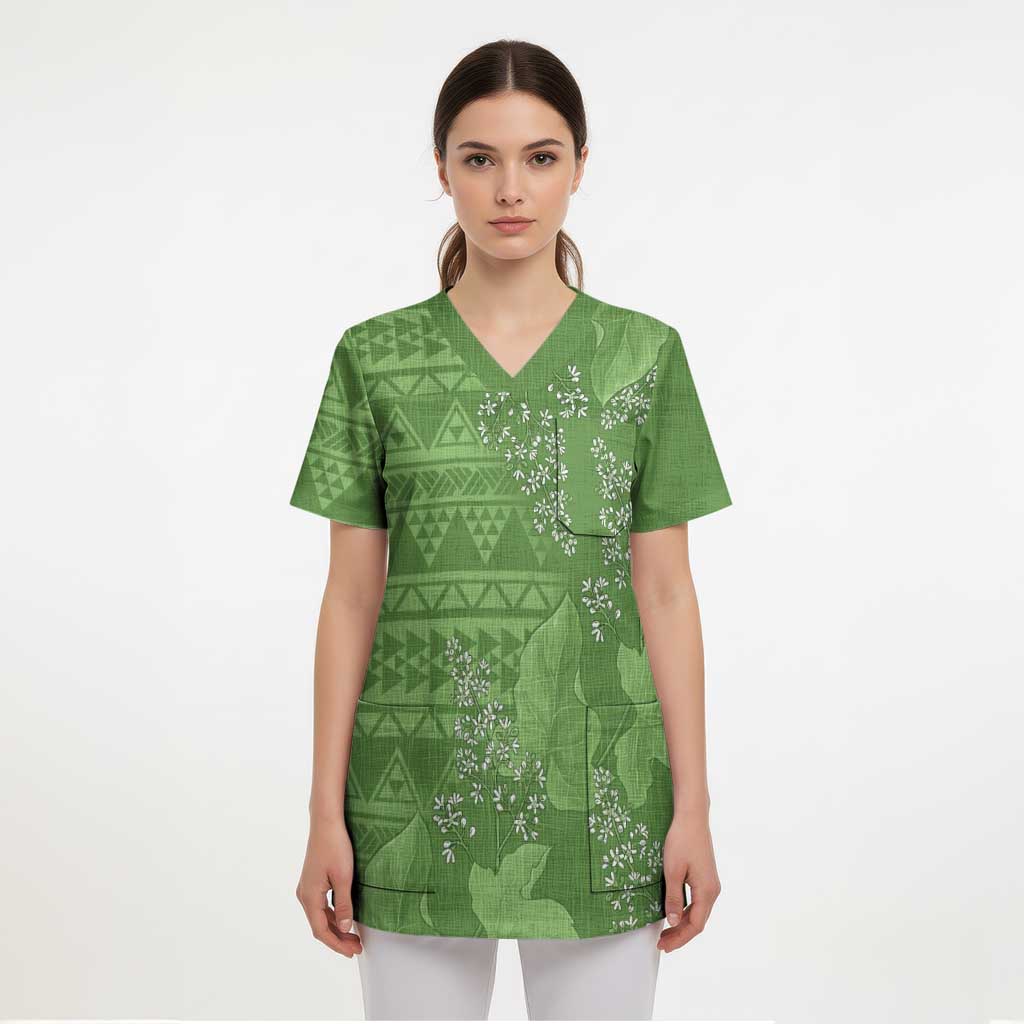 Hawaii Molokai Island Kukui Nut Flowers Scrub Top Tribal Kakau Pattern - Polynesian Pride