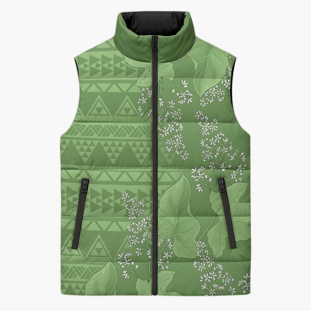 Hawaii Molokai Island Kukui Nut Flowers Sleeveless Puffer Jacket Tribal Kakau Pattern - Polynesian Pride