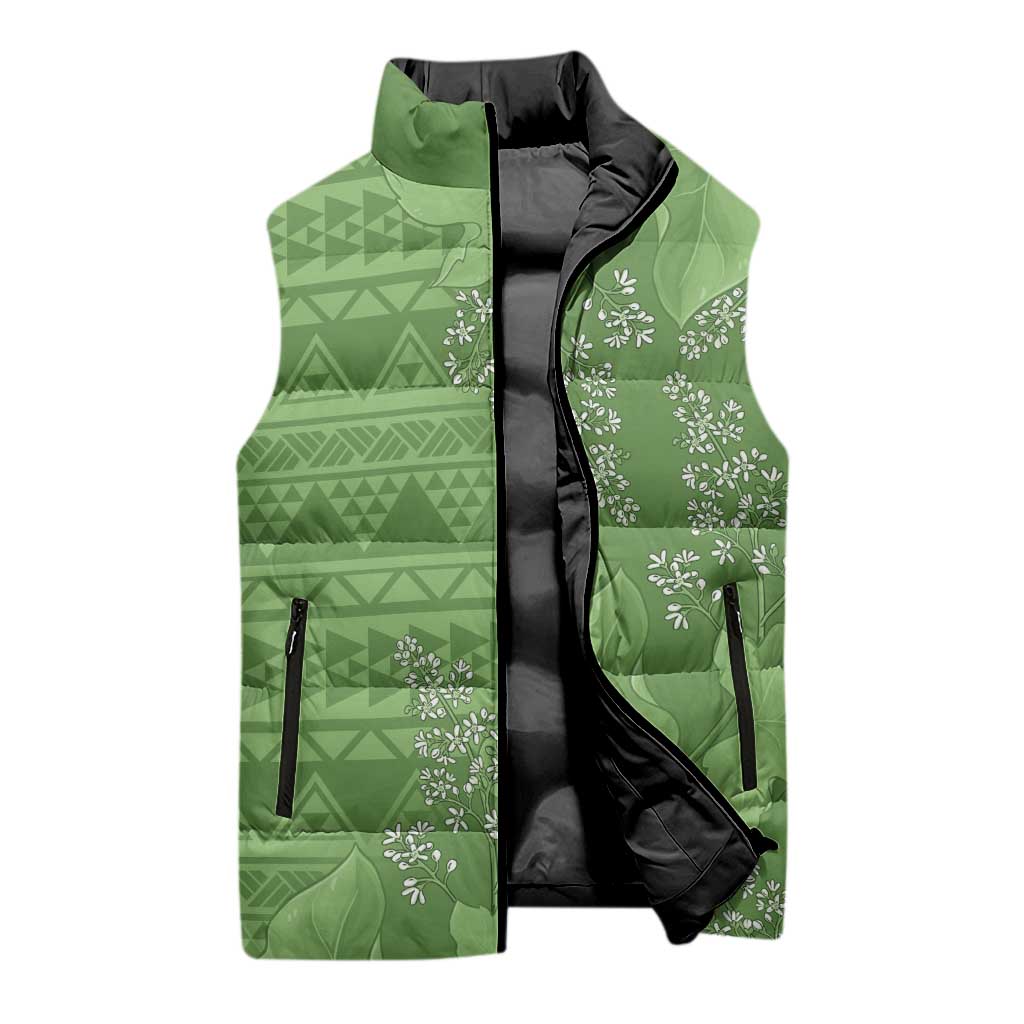 Hawaii Molokai Island Kukui Nut Flowers Sleeveless Puffer Jacket Tribal Kakau Pattern - Polynesian Pride