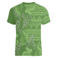 Hawaii Molokai Island Kukui Nut Flowers Women V-Neck T-Shirt Tribal Kakau Pattern