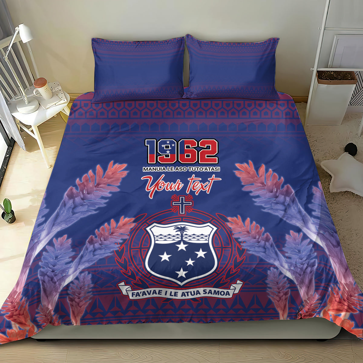 Custom Samoa 1962 Independence Day Custom Bedding Set Manuia le Aso Tuto'atasi Ula Nifo Blue Art