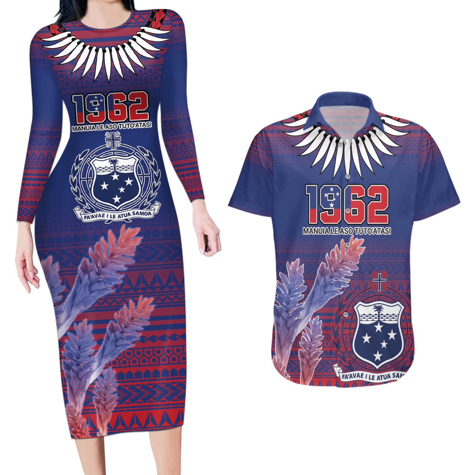 Custom Samoa 1962 Independence Day Custom Couples Matching Long Sleeve Bodycon Dress and Hawaiian Shirt Manuia le Aso Tuto'atasi Ula Nifo Blue Art LT9 Blue - Polynesian Pride