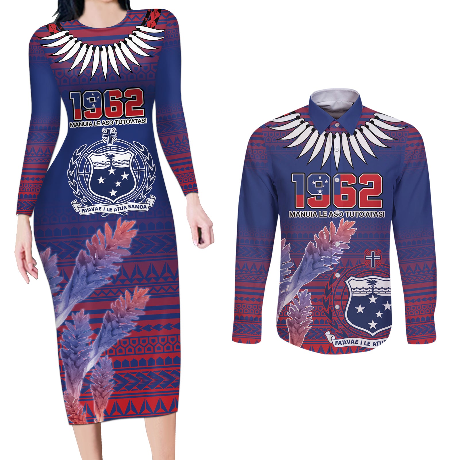 Custom Samoa 1962 Independence Day Custom Couples Matching Long Sleeve Bodycon Dress and Long Sleeve Button Shirt Manuia le Aso Tuto'atasi Ula Nifo Blue Art LT9 Blue - Polynesian Pride