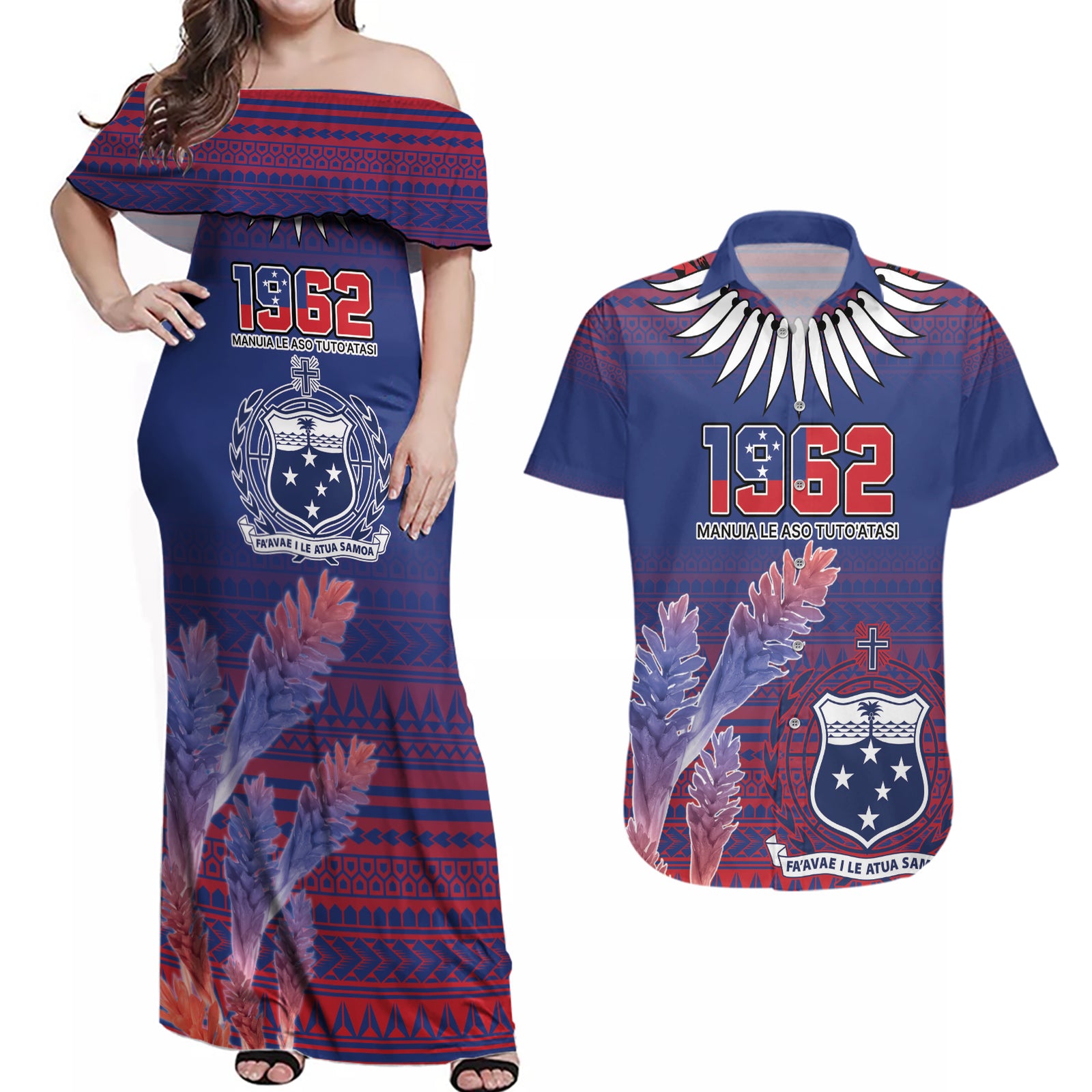 Custom Samoa 1962 Independence Day Custom Couples Matching Off Shoulder Maxi Dress and Hawaiian Shirt Manuia le Aso Tuto'atasi Ula Nifo Blue Art LT9 Blue - Polynesian Pride