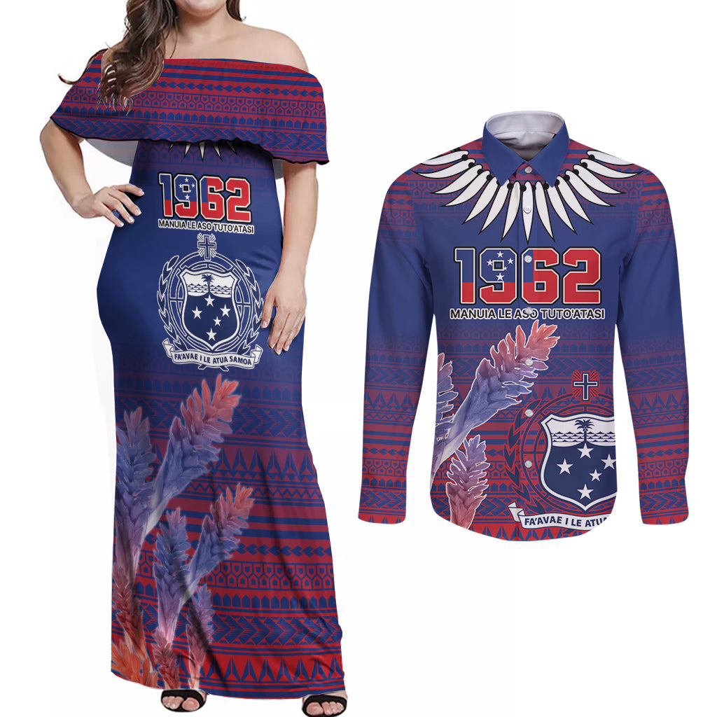 Custom Samoa 1962 Independence Day Custom Couples Matching Off Shoulder Maxi Dress and Long Sleeve Button Shirt Manuia le Aso Tuto'atasi Ula Nifo Blue Art LT9 Blue - Polynesian Pride