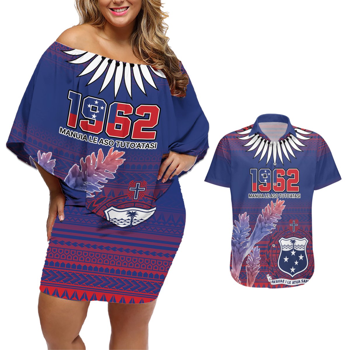Custom Samoa 1962 Independence Day Custom Couples Matching Off Shoulder Short Dress and Hawaiian Shirt Manuia le Aso Tuto'atasi Ula Nifo Blue Art LT9 Blue - Polynesian Pride