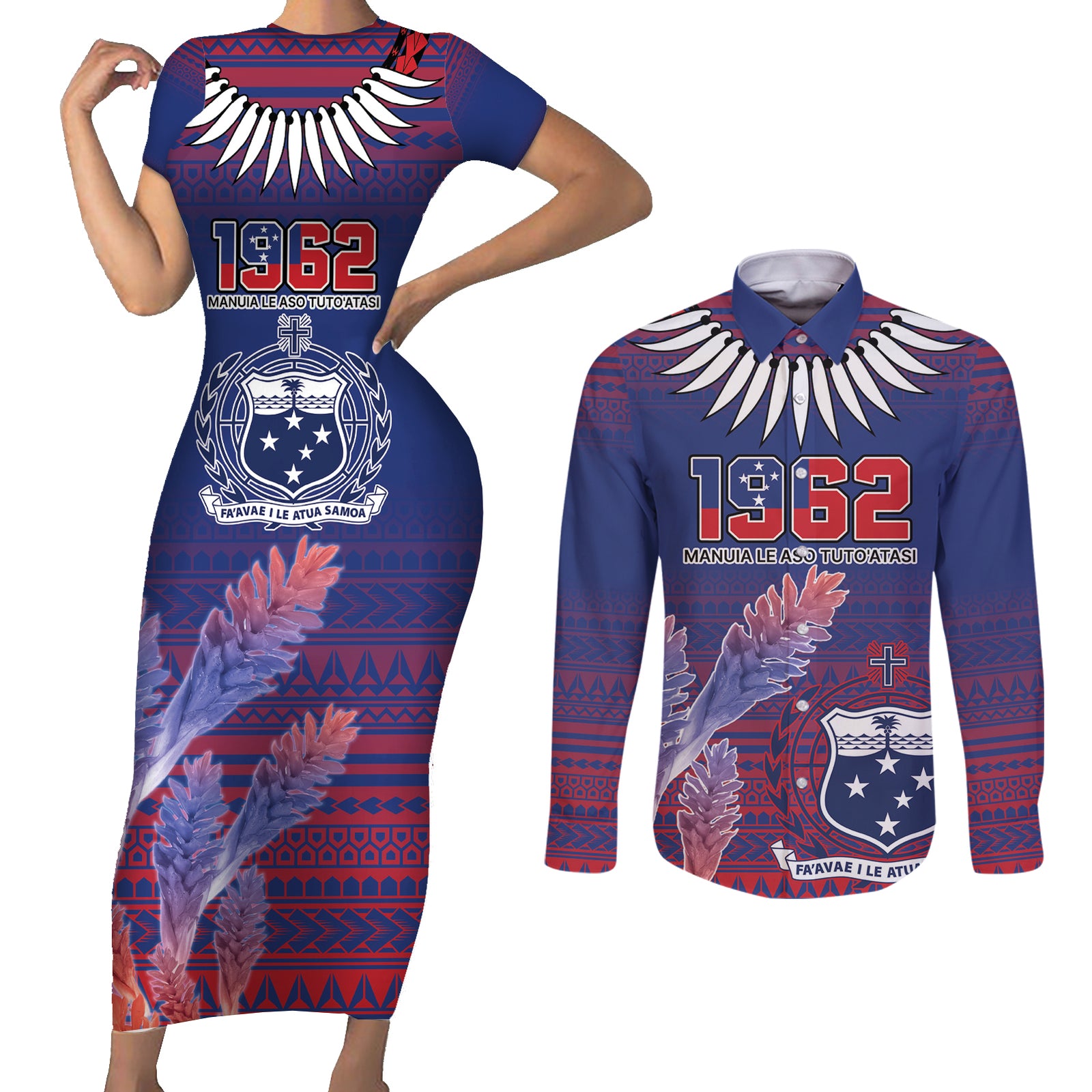 Custom Samoa 1962 Independence Day Custom Couples Matching Short Sleeve Bodycon Dress and Long Sleeve Button Shirt Manuia le Aso Tuto'atasi Ula Nifo Blue Art LT9 Blue - Polynesian Pride