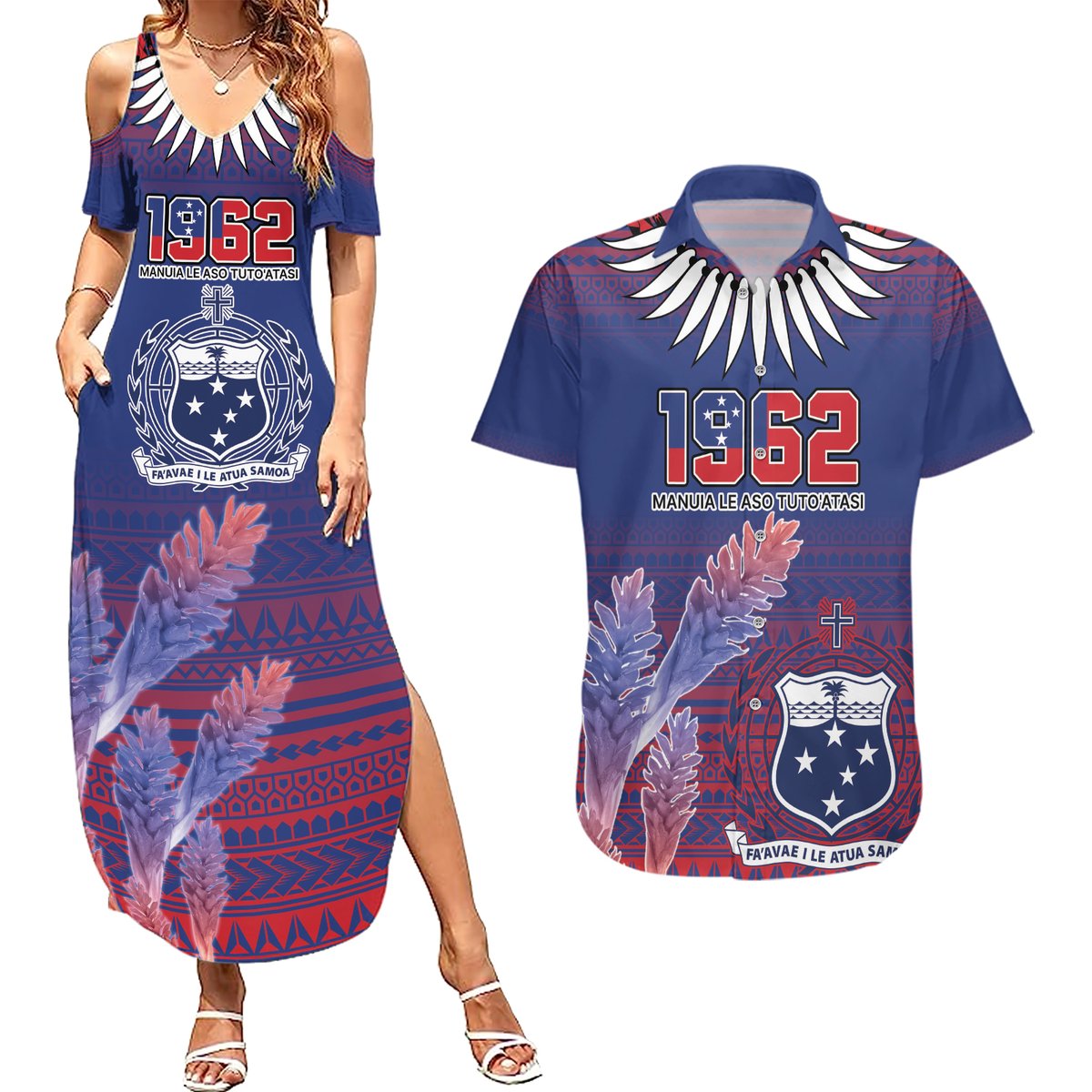 Custom Samoa 1962 Independence Day Custom Couples Matching Summer Maxi Dress and Hawaiian Shirt Manuia le Aso Tuto'atasi Ula Nifo Blue Art LT9 Blue - Polynesian Pride