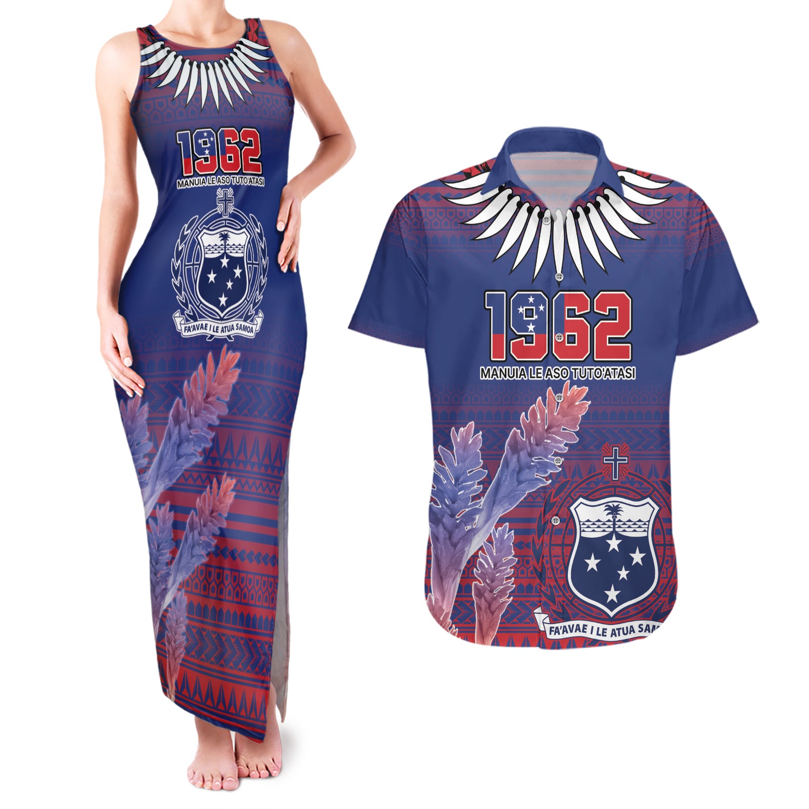 Custom Samoa 1962 Independence Day Custom Couples Matching Tank Maxi Dress and Hawaiian Shirt Manuia le Aso Tuto'atasi Ula Nifo Blue Art LT9 Blue - Polynesian Pride