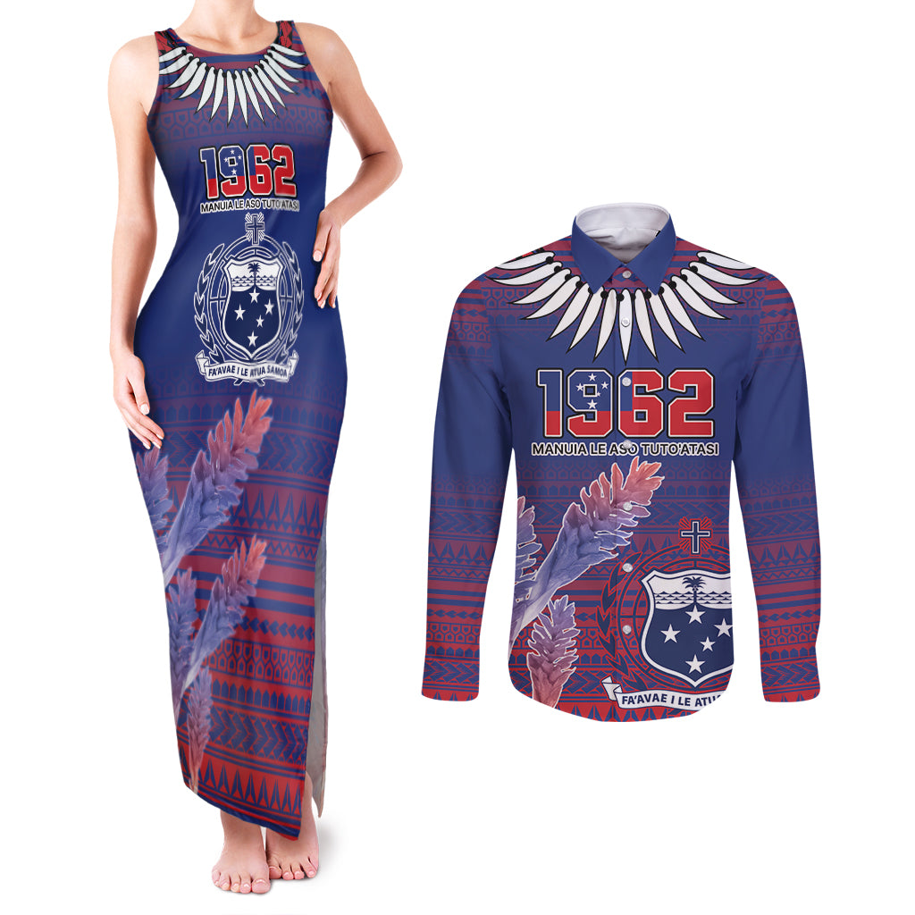 Custom Samoa 1962 Independence Day Custom Couples Matching Tank Maxi Dress and Long Sleeve Button Shirt Manuia le Aso Tuto'atasi Ula Nifo Blue Art LT9 Blue - Polynesian Pride