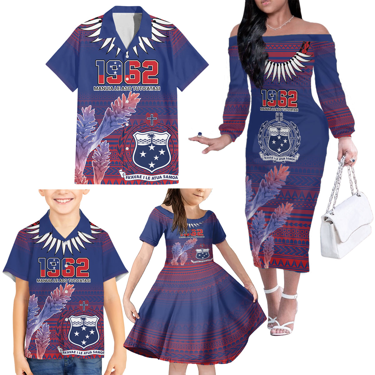 Custom Samoa 1962 Independence Day Custom Family Matching Off The Shoulder Long Sleeve Dress and Hawaiian Shirt Manuia le Aso Tuto'atasi Ula Nifo Blue Art LT9 - Polynesian Pride