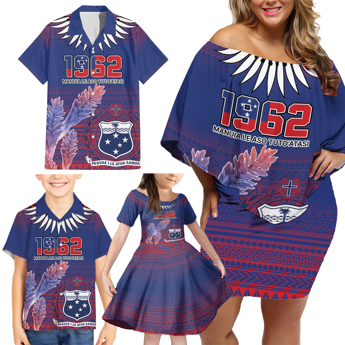 Custom Samoa 1962 Independence Day Custom Family Matching Off Shoulder Short Dress and Hawaiian Shirt Manuia le Aso Tuto'atasi Ula Nifo Blue Art LT9 - Polynesian Pride