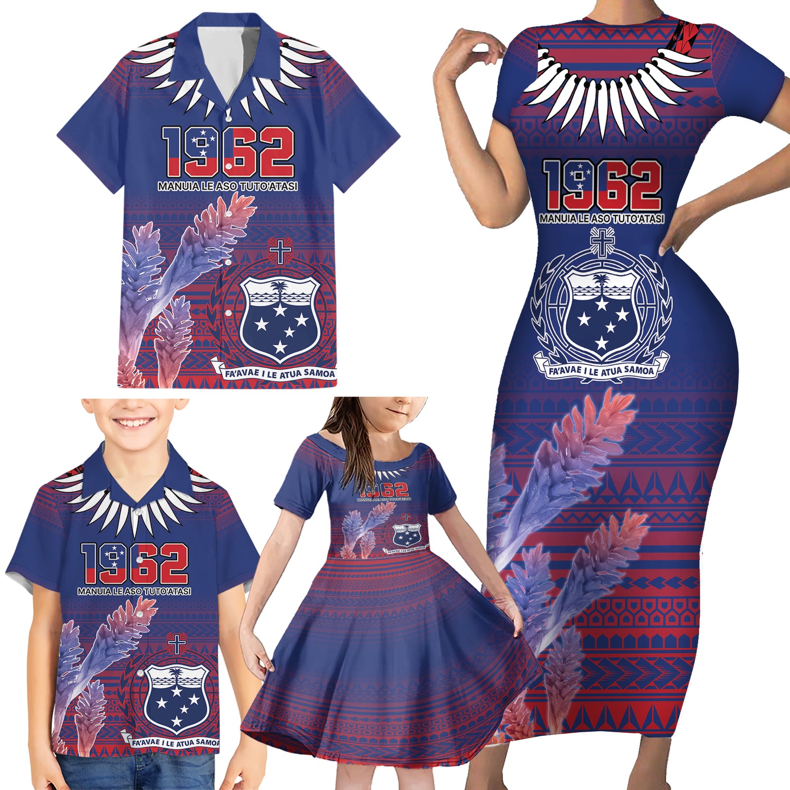 Custom Samoa 1962 Independence Day Custom Family Matching Short Sleeve Bodycon Dress and Hawaiian Shirt Manuia le Aso Tuto'atasi Ula Nifo Blue Art LT9 - Polynesian Pride