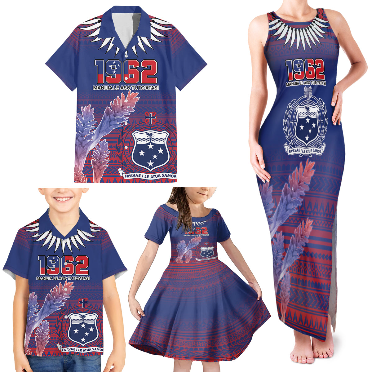 Custom Samoa 1962 Independence Day Custom Family Matching Tank Maxi Dress and Hawaiian Shirt Manuia le Aso Tuto'atasi Ula Nifo Blue Art LT9 - Polynesian Pride