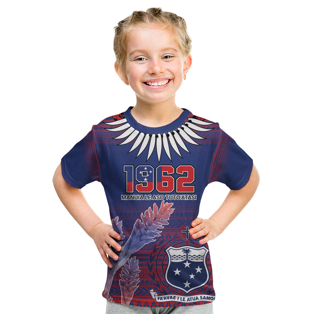Custom Samoa 1962 Independence Day Custom Kid T Shirt Manuia le Aso Tuto'atasi Ula Nifo Blue Art LT9 Blue - Polynesian Pride