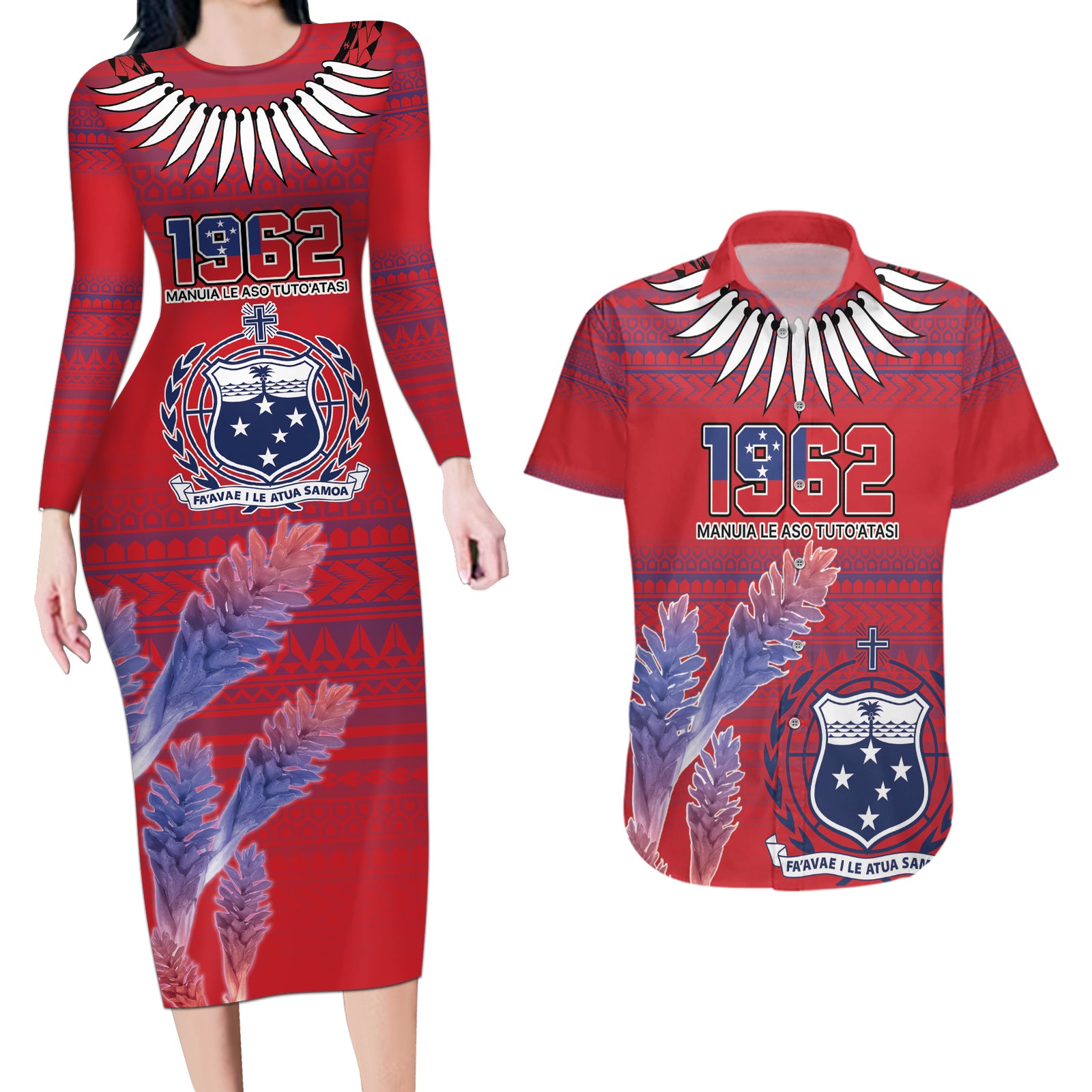 Custom Samoa 1962 Independence Day Custom Couples Matching Long Sleeve Bodycon Dress and Hawaiian Shirt Manuia le Aso Tuto'atasi Ula Nifo Red Art LT9 Red - Polynesian Pride