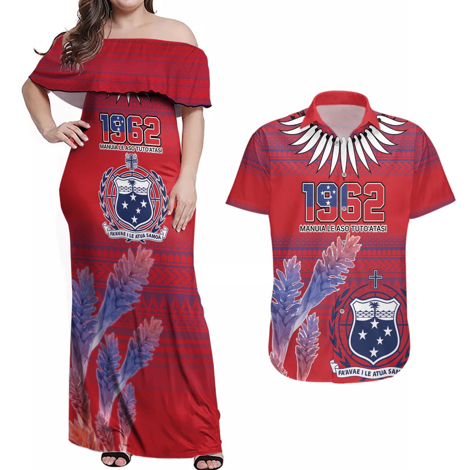 Custom Samoa 1962 Independence Day Custom Couples Matching Off Shoulder Maxi Dress and Hawaiian Shirt Manuia le Aso Tuto'atasi Ula Nifo Red Art