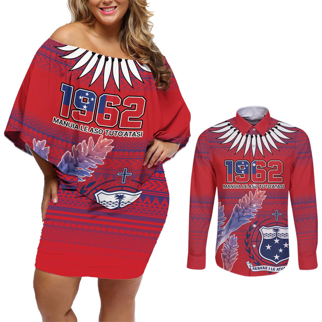 Custom Samoa 1962 Independence Day Custom Couples Matching Off Shoulder Short Dress and Long Sleeve Button Shirt Manuia le Aso Tuto'atasi Ula Nifo Red Art LT9 Red - Polynesian Pride
